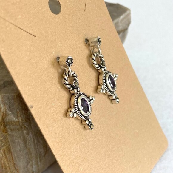 Sterling Silver 925 Oval Purple CZ & Marcasite Rope Accent Dangle Drop Earrings - Picture 5 of 16